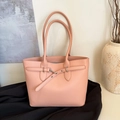 Chic pink pebble leather tote bag with elegant metal buckle detail for office commuting - Pink