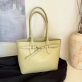 Light green faux leather tote bag with lychee texture and metallic strap detail - Light Green