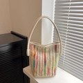 Rainbow striped woven bucket bag with vibrant vertical pattern and beige leather handle - Off White
