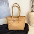 Light brown pebble leather tote bag with silver buckle strap detail for work - Khaki