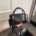 Elegant black glossy leather mini square bag with golden hardware and top handles - Black without Pendant