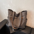 Borsa tote in tela grigia con spalline larghe ed etichetta in pelle in stile minimalista - Marrone Scuro