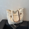 Borsa tote in tela bianco sporco con manici marroni e pratica tasca laterale - Bianco Sporco