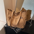 Borsa tote in tela marrone con finiture in pelle e tasche laterali per ufficio - Marrone