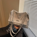 Silver grey suede chain bag with metallic logo plaque and polished leather shoulder strap - Silver