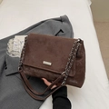 Deep brown suede chain shoulder bag with minimalist rectangular metal logo and silver strap - Coffee