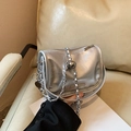 Silver metallic crossbody bag with chain strap and adjustable metal ball detail - Silver