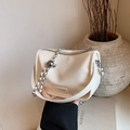 Elegant cream white structured handbag with silver chain strap and metal ball charm - White
