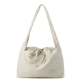 Detail of off-white waterproof nylon tote bag with drawstring closure and long strap - Bone White