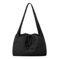 Detail of black nylon tote bag with drawstring closure and ruched texture finish - Ink Black