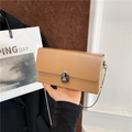 Chic khaki PU leather crossbody box bag with silver chain strap and oval metal twist lock - Khaki