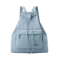 Close-up of light blue nylon backpack featuring a drawcord closure and front zipper pocket - Haze Blue