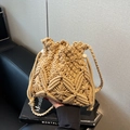 Handmade khaki macrame drawstring bucket bag with geometric crochet patterns - Khaki