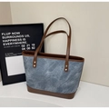Bolso tote grande azul grisáceo con asas de cuero marrón y detalles de remaches vintage - Azul
