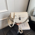 Minimalist cream white pleated patent leather shoulder bag with silver chain and strap - Off White