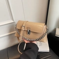 Beige faux leather crossbody bag with silver chunky chain strap and metal buckle - Khaki