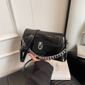 Minimalist black rectangular crossbody bag with glossy wrinkled texture and silver chain - Black
