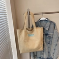 Borsa tote in tela beige con ricami a fiocco blu e spalline lunghe resistenti - Cachi