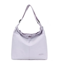 Dettaglio borsa a tracolla lilla in nylon con coulisse e tracolla regolabile - Lavanda
