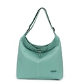 Dettaglio della borsa a tracolla in nylon verde salvia con chiusura a coulisse - Verde Azzurro
