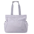 Macro detail of purple nylon tote bag featuring front pocket with metal buckle closure - Lavender