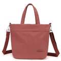 Close-up of durable nylon texture and adjustable shoulder strap with silver metal hooks - Berry Red