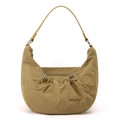 Detail of Colorful Fox nylon shoulder bag featuring crescent shape and drawstring accents - Earthy Yellow