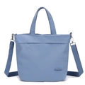 Detail of light blue nylon tote bag with Colorful Fox logo and woven shoulder strap - Iris Blue