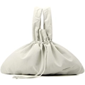 Detail of water-resistant nylon handbag with drawstring closure and brand logo - Bone White