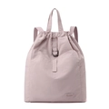 Detail of lavender nylon backpack with drawstring closure and metallic D-ring accent - Peach Pink