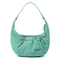 Detail of crescent nylon bag featuring pleated texture and adjustable silver hardware - Azure Green