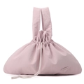 Detailed front view of light pink waterproof nylon tote bag with drawstring closure - Peach Pink