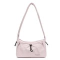 Detailed close-up of light pink nylon cloud bag featuring pleated texture and black drawstring - Peach Pink