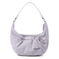 Detail of lavender nylon crescent bag showing drawstring pleats and metal buckle - Lavender