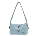 Detail of light blue nylon pleated cloud bag with adjustable drawstring and wide shoulder strap - Haze Blue