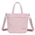 Close-up of light pink nylon shoulder bag showing detachable wide strap and brand logo - Peach Pink