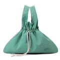 Detail showing mint green water-resistant nylon handbag with cream drawstring and brand label - Azure Green