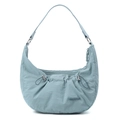 Detail showing light blue nylon crescent bag with adjustable strap and rubber logo - Haze Blue