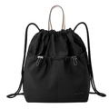 Detailed view of black nylon drawstring backpack with light leather handle and texture - Ink Black