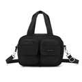 Detalle de bolso utilitario de nailon negro con bolsillos frontales dobles y asas firmes - Negro Tinta