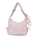 Détail du sac à épaule en nylon rose clair avec bandoulière froncée et cordon latéral - Rose Pêche
