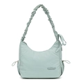 Detail of light green nylon shoulder bag featuring ruched strap and drawstring accents - Soft Mist Green