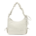 Detail of nylon crossbody bag featuring drawstring side pockets and a branded logo patch - Bone White