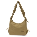 Détail du sac croissant en nylon kaki avec bandoulière à volants et poches à cordon - Jaune Terre