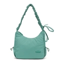 Close-up of mint green nylon shoulder bag with ruffled strap and ribbon bow detail - Azure Green