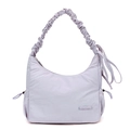 Détails du sac à bandoulière en nylon lilas avec cordons latéraux et bandoulière froncée - Lavande