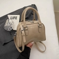 Elegant khaki bowling bag with top handles and fashion leather embossing for women - Khaki No Pendant