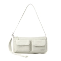 Macro detail of cream nylon crossbody bag featuring double flap pockets and textured fabric - Bone White