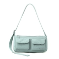 Detail of mint green nylon bag showing dual magnetic pockets and adjustable strap - Soft Mist Green