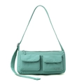Close-up of mint green nylon messenger bag featuring utility pockets and adjustable strap - Azure Green